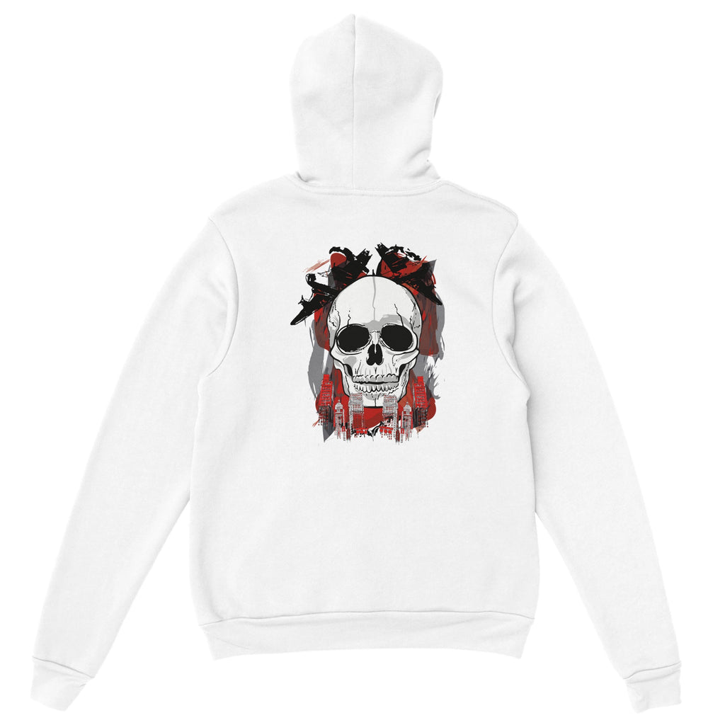 Hoodie with large white skull and red black cityscape design on front – Produktansicht 6